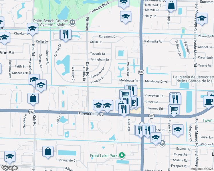 map of restaurants, bars, coffee shops, grocery stores, and more near 3366 Lakeville Circle in West Palm Beach