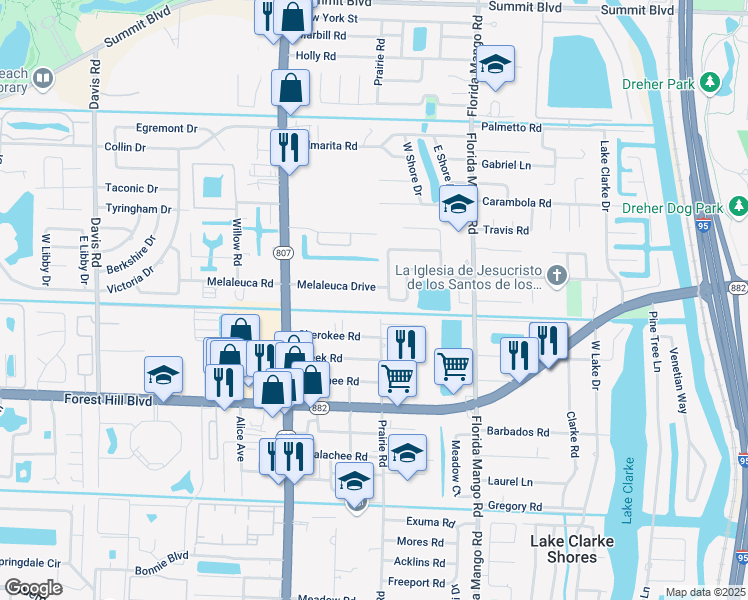map of restaurants, bars, coffee shops, grocery stores, and more near 2792 Melaleuca Drive in West Palm Beach