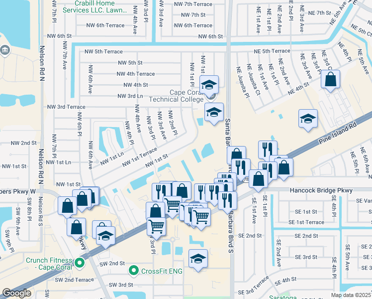 map of restaurants, bars, coffee shops, grocery stores, and more near 208 Northwest 1st Street in Cape Coral