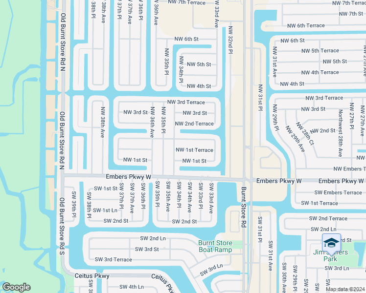 map of restaurants, bars, coffee shops, grocery stores, and more near 3413 Northwest 1st Terrace in Cape Coral