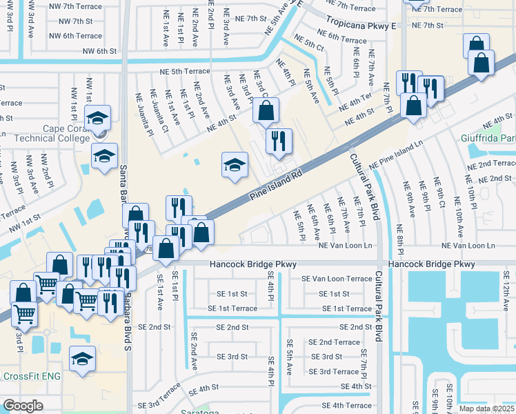 map of restaurants, bars, coffee shops, grocery stores, and more near 418 Northeast Pine Island Road in Cape Coral