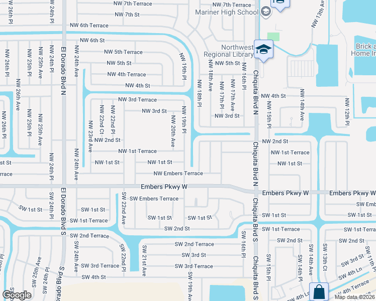 map of restaurants, bars, coffee shops, grocery stores, and more near 116 Northwest 18th Place in Cape Coral