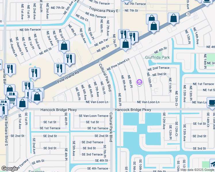 map of restaurants, bars, coffee shops, grocery stores, and more near 202 Cultural Park Boulevard in Cape Coral