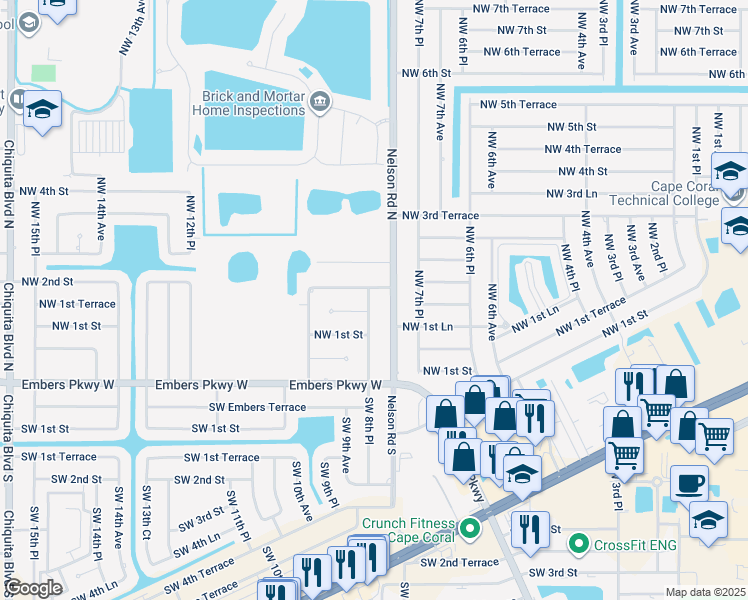 map of restaurants, bars, coffee shops, grocery stores, and more near 125 Northwest 8th Place in Cape Coral