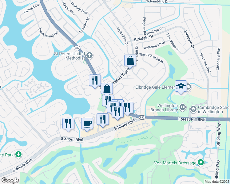 map of restaurants, bars, coffee shops, grocery stores, and more near 12019 Suellen Circle in Wellington