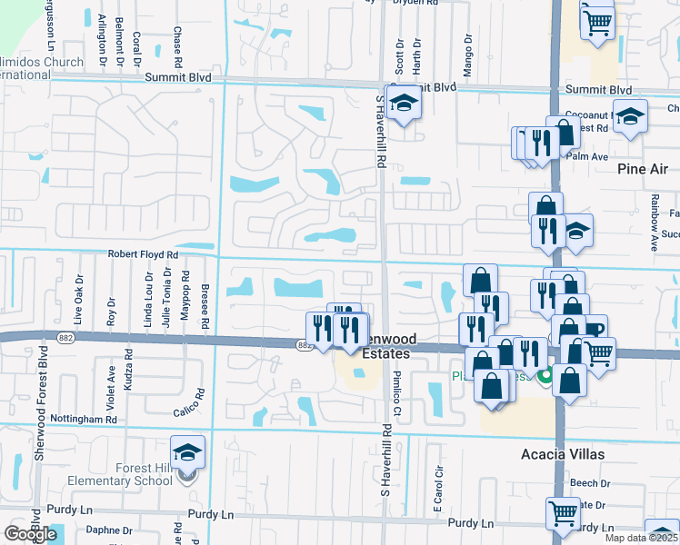 map of restaurants, bars, coffee shops, grocery stores, and more near 5075 Palm Hill Drive in West Palm Beach