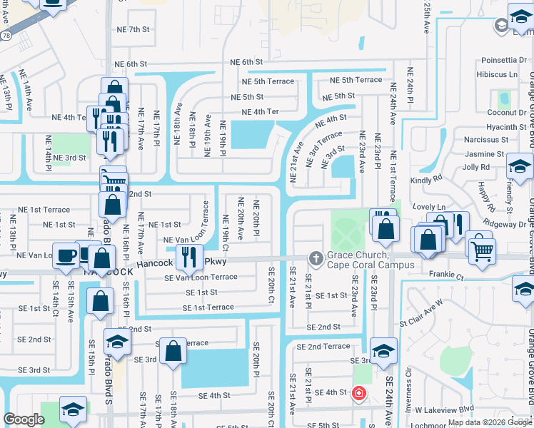 map of restaurants, bars, coffee shops, grocery stores, and more near 106 Northeast 20th Court in Cape Coral