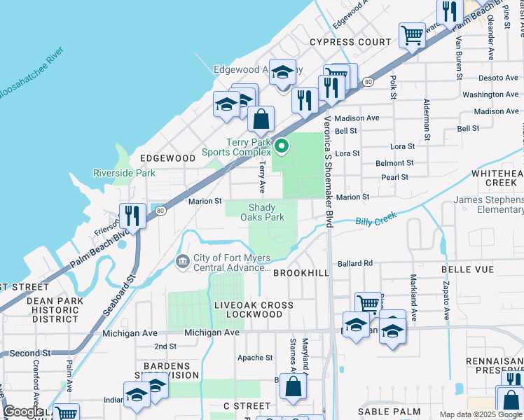 map of restaurants, bars, coffee shops, grocery stores, and more near 3300 Marion Street in Fort Myers