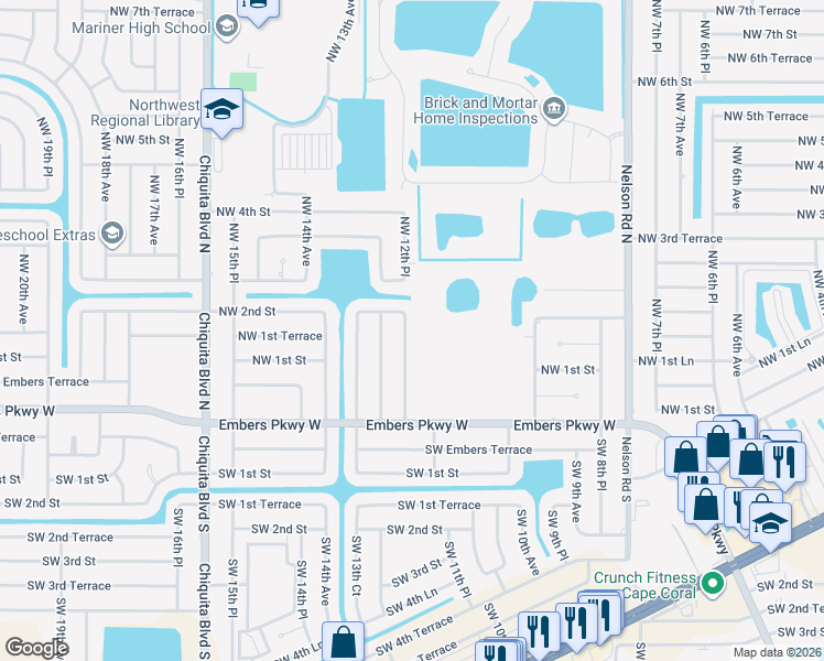 map of restaurants, bars, coffee shops, grocery stores, and more near 119 Northwest 12th Place in Cape Coral