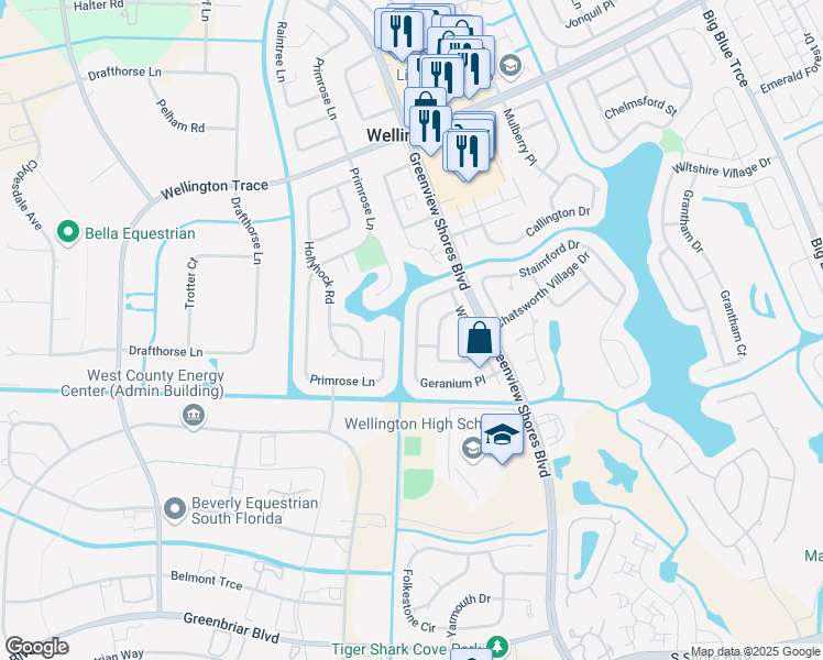 map of restaurants, bars, coffee shops, grocery stores, and more near 13907 Geranium Place in Wellington