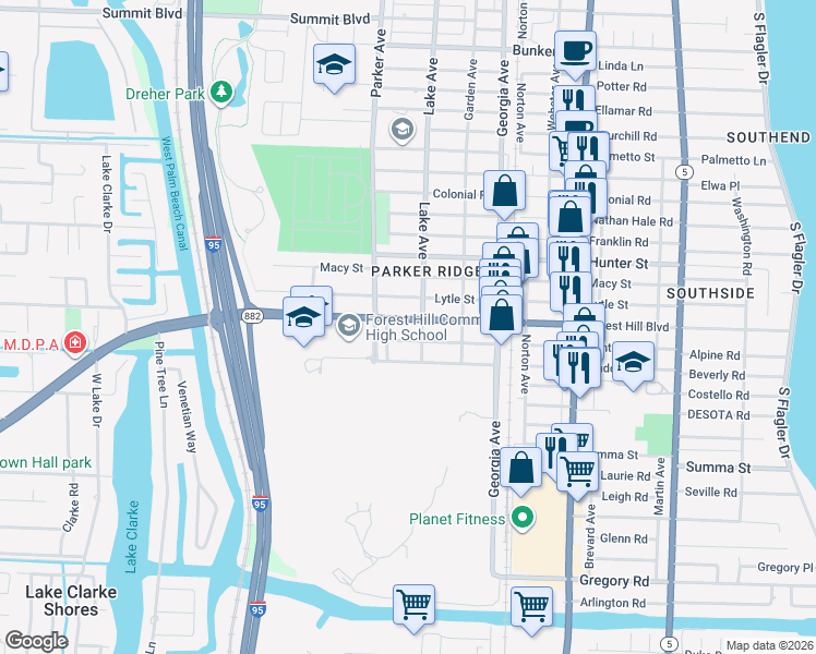 map of restaurants, bars, coffee shops, grocery stores, and more near 810 Forest Hill Boulevard in West Palm Beach