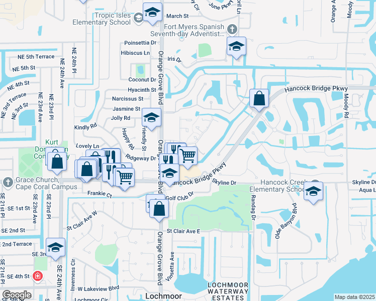 map of restaurants, bars, coffee shops, grocery stores, and more near 1400 Tropic Terrace in North Fort Myers