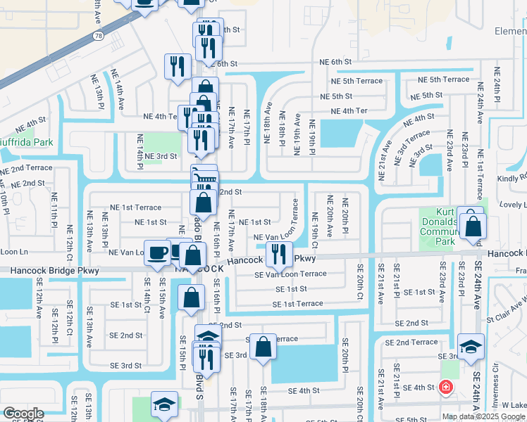 map of restaurants, bars, coffee shops, grocery stores, and more near 1806 Northeast 1st Terrace in Cape Coral