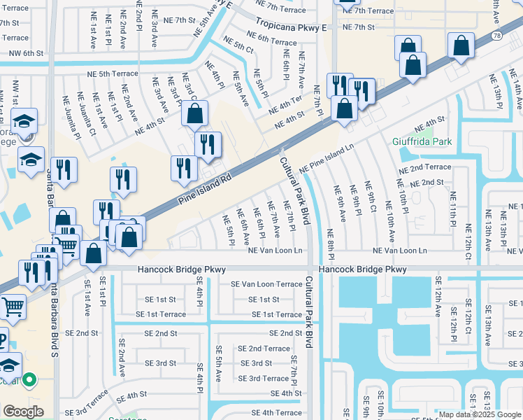 map of restaurants, bars, coffee shops, grocery stores, and more near 137 Northeast 6th Place in Cape Coral