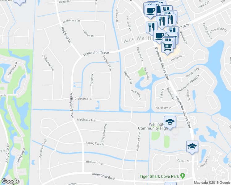 map of restaurants, bars, coffee shops, grocery stores, and more near 14575 Drafthorse Lane in Wellington