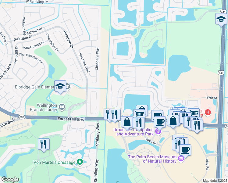 map of restaurants, bars, coffee shops, grocery stores, and more near 1870 Oak Berry Circle in Wellington