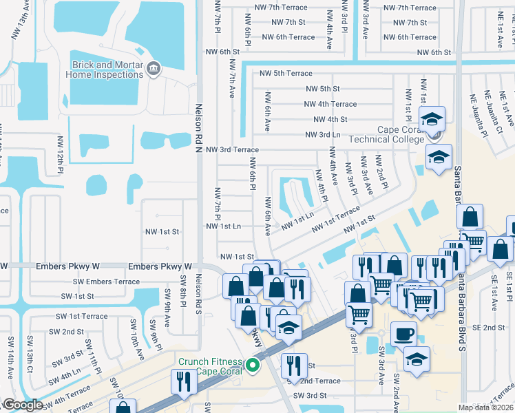 map of restaurants, bars, coffee shops, grocery stores, and more near 203 Northwest 6th Place in Cape Coral