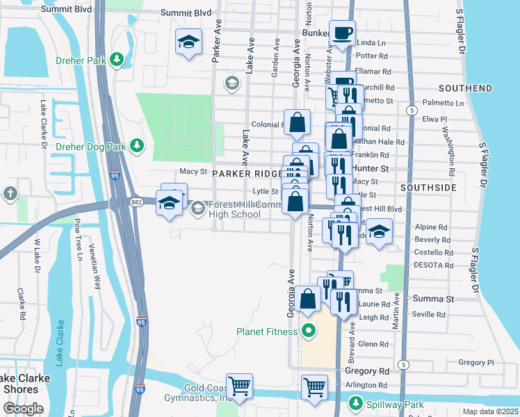 map of restaurants, bars, coffee shops, grocery stores, and more near 714 Florida 882 in West Palm Beach