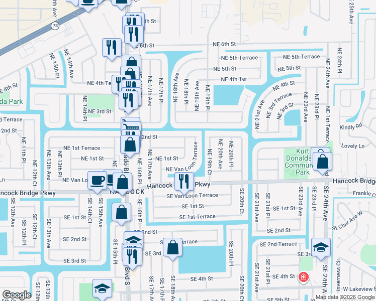 map of restaurants, bars, coffee shops, grocery stores, and more near 113 Northeast 18th Place in Cape Coral