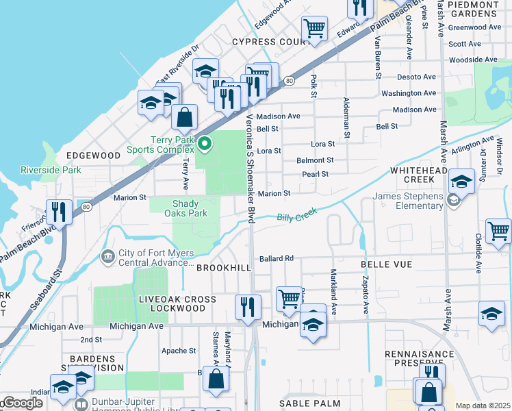 map of restaurants, bars, coffee shops, grocery stores, and more near 1225 Veronica S Shoemaker Boulevard in Fort Myers