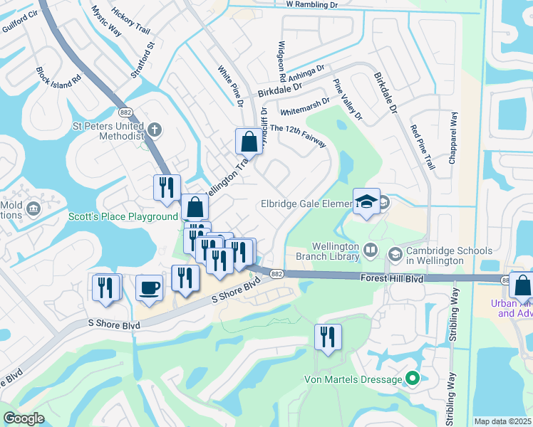 map of restaurants, bars, coffee shops, grocery stores, and more near 11825 Greenbriar Circle in Wellington