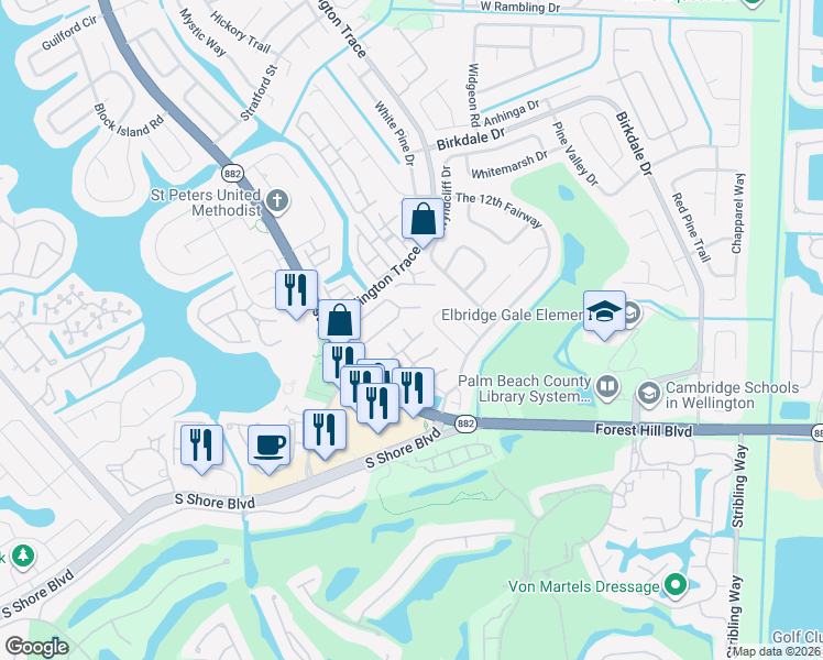 map of restaurants, bars, coffee shops, grocery stores, and more near 11955 Donlin Drive in Wellington