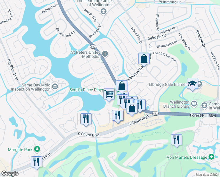 map of restaurants, bars, coffee shops, grocery stores, and more near 12300 Forest Hill Boulevard in Wellington