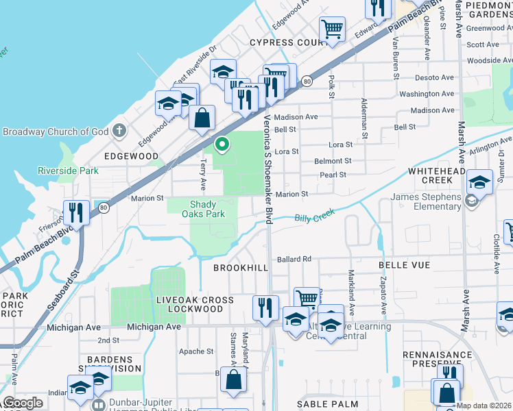 map of restaurants, bars, coffee shops, grocery stores, and more near 1221 Turner Street in Fort Myers