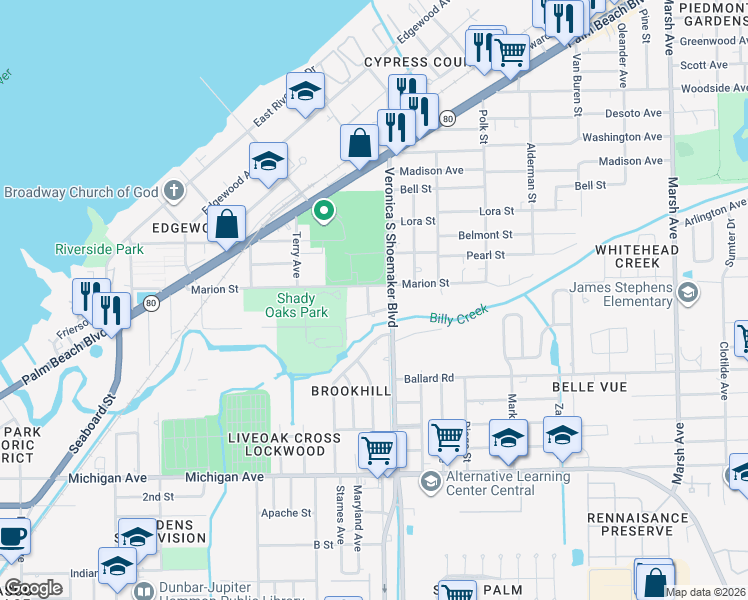 map of restaurants, bars, coffee shops, grocery stores, and more near 1221 Turner Street in Fort Myers