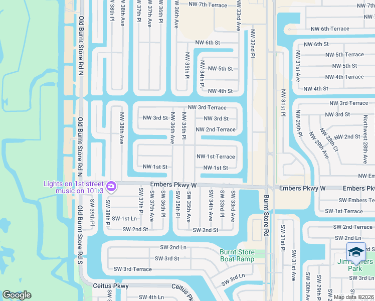 map of restaurants, bars, coffee shops, grocery stores, and more near 121 Northwest 35th Place in Cape Coral