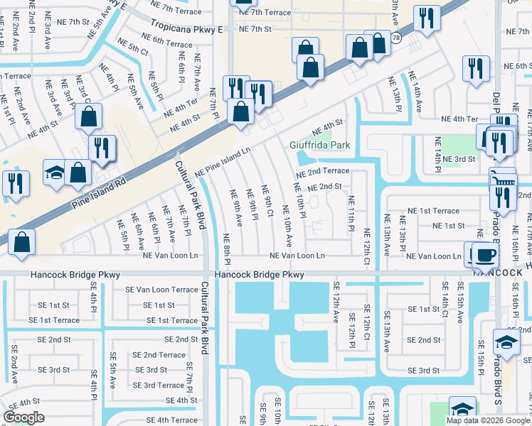 map of restaurants, bars, coffee shops, grocery stores, and more near 113 Northeast 9th Place in Cape Coral