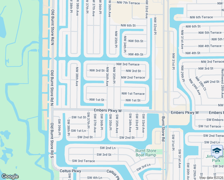 map of restaurants, bars, coffee shops, grocery stores, and more near 121 Northwest 35th Place in Cape Coral