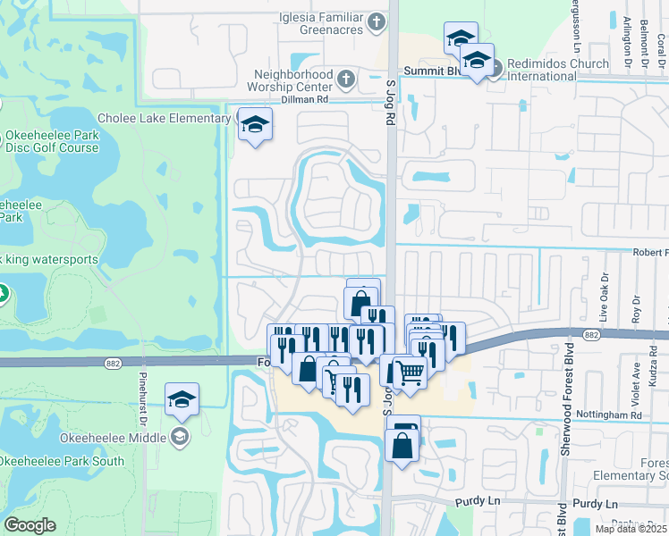 map of restaurants, bars, coffee shops, grocery stores, and more near 1606 Doral Drive in Greenacres