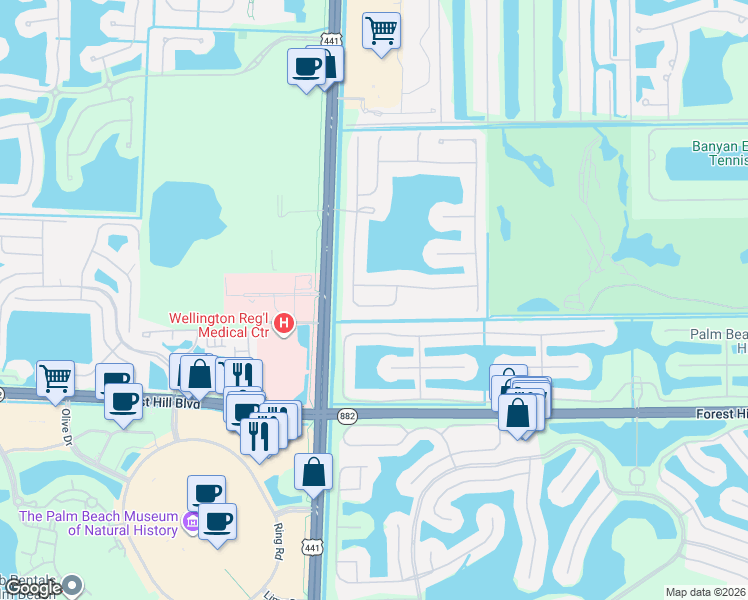 map of restaurants, bars, coffee shops, grocery stores, and more near 1572 Stonehaven Estates Drive in West Palm Beach