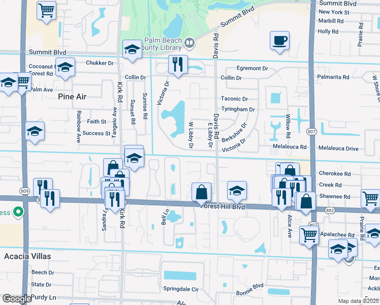 map of restaurants, bars, coffee shops, grocery stores, and more near 3626 Victoria Drive in West Palm Beach