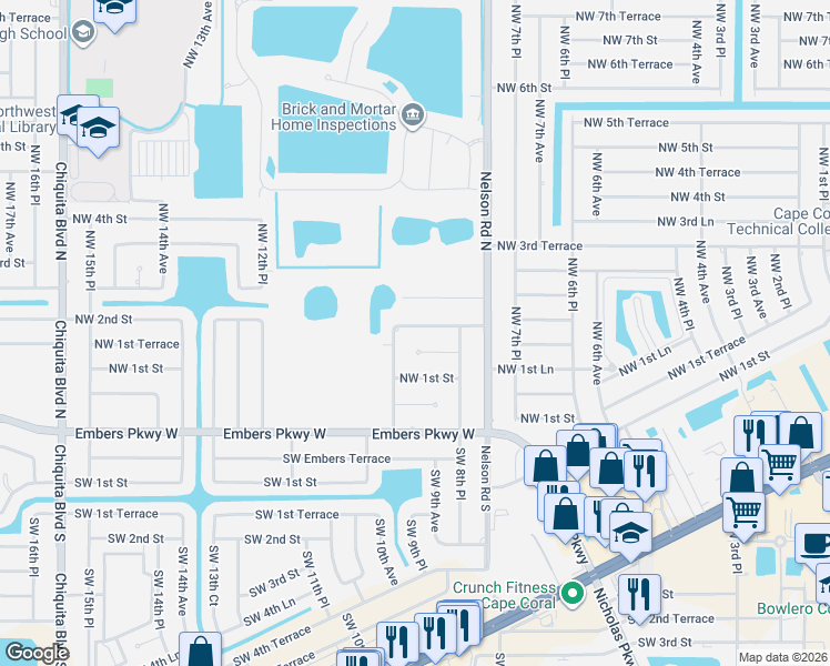 map of restaurants, bars, coffee shops, grocery stores, and more near 830 Northwest 2nd Street in Cape Coral