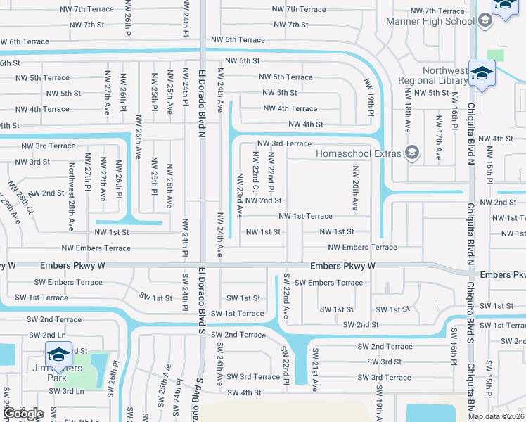 map of restaurants, bars, coffee shops, grocery stores, and more near 2221 Northwest 1st Terrace in Cape Coral