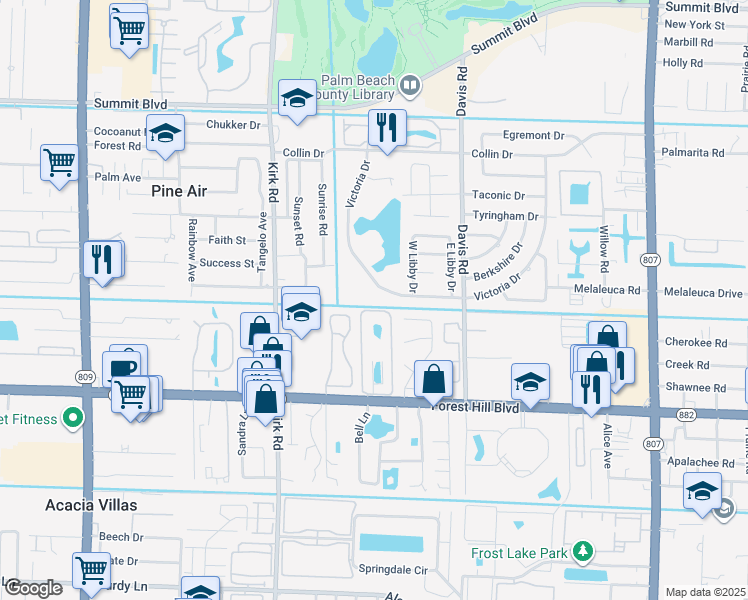 map of restaurants, bars, coffee shops, grocery stores, and more near 3672 Victoria Drive in West Palm Beach