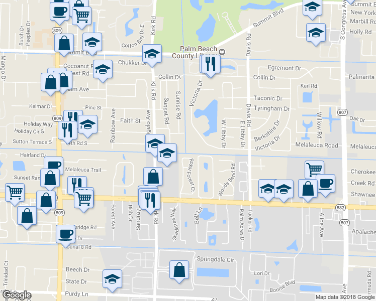 map of restaurants, bars, coffee shops, grocery stores, and more near 3706 Victoria Drive in West Palm Beach