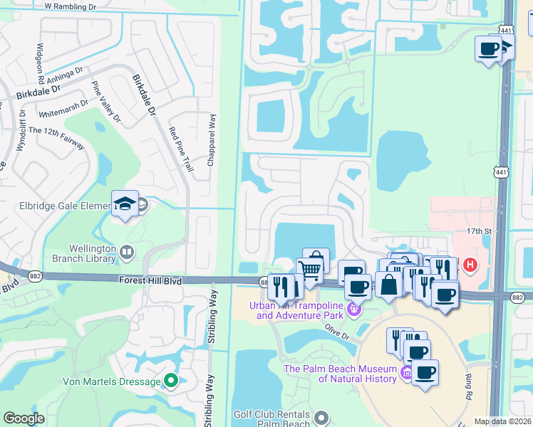 map of restaurants, bars, coffee shops, grocery stores, and more near 1615 Oak Berry Circle in Wellington