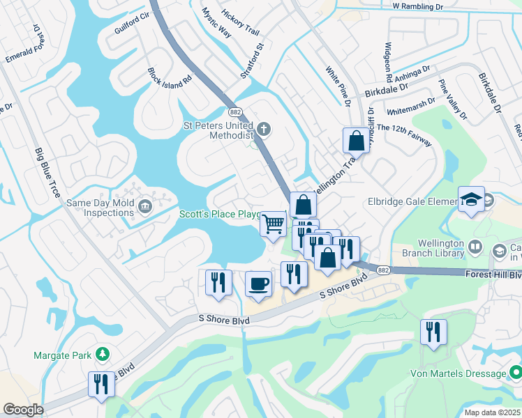 map of restaurants, bars, coffee shops, grocery stores, and more near 12204 Sag Harbor Court in Wellington