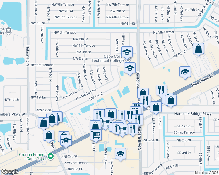 map of restaurants, bars, coffee shops, grocery stores, and more near 217 Northwest 1st Street in Cape Coral