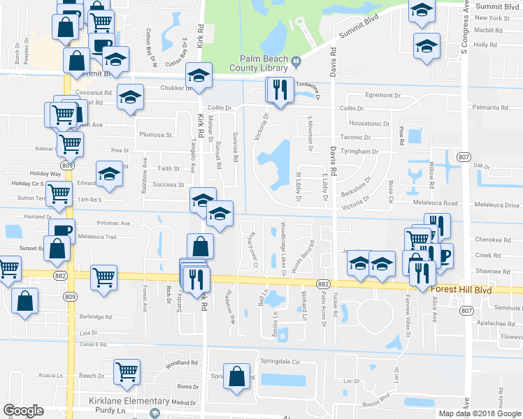 map of restaurants, bars, coffee shops, grocery stores, and more near 3672 Victoria Drive in West Palm Beach