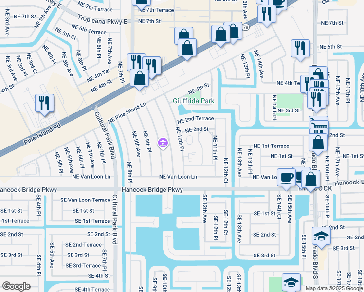 map of restaurants, bars, coffee shops, grocery stores, and more near 1114 Northeast 10th Place in Cape Coral