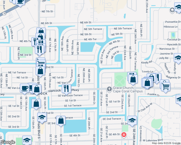 map of restaurants, bars, coffee shops, grocery stores, and more near 106 Northeast 20th Court in Cape Coral