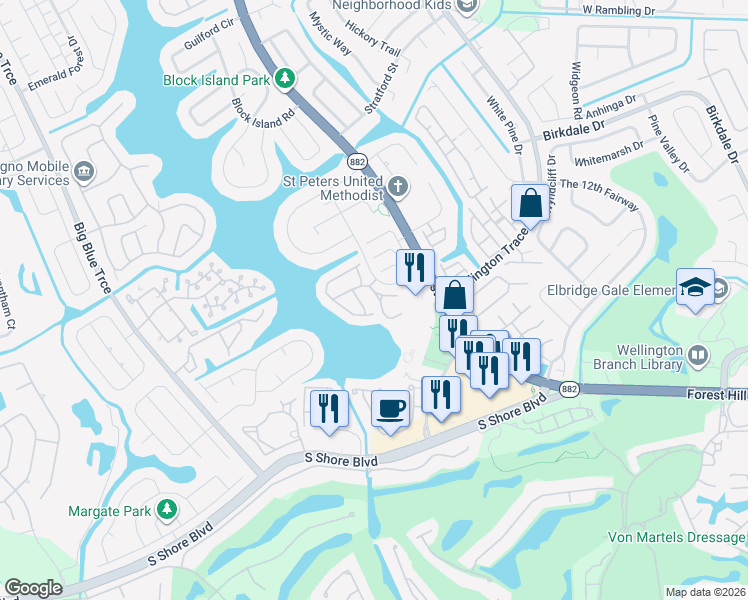map of restaurants, bars, coffee shops, grocery stores, and more near 12268 Sag Harbor Court in Wellington