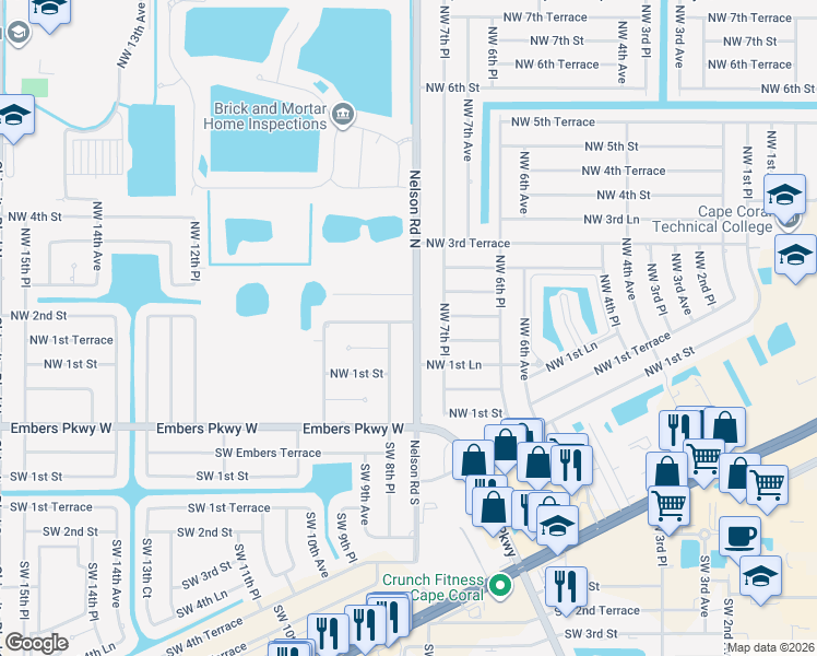 map of restaurants, bars, coffee shops, grocery stores, and more near 125 Northwest 8th Place in Cape Coral