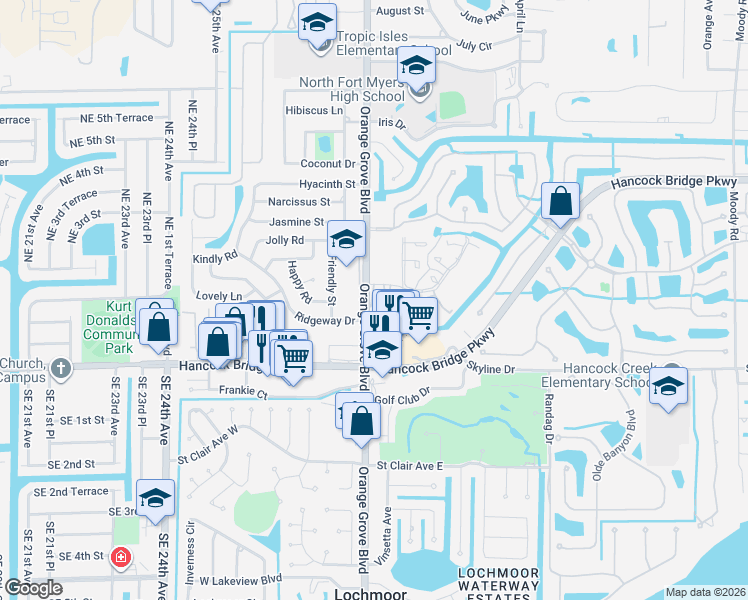 map of restaurants, bars, coffee shops, grocery stores, and more near 1113 Tropic Terrace in North Fort Myers