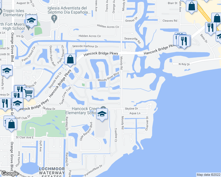 map of restaurants, bars, coffee shops, grocery stores, and more near 13000 Sandy Key Bend in North Fort Myers