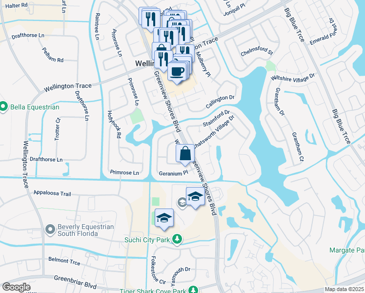 map of restaurants, bars, coffee shops, grocery stores, and more near 1819 Moonflower Circle in Wellington